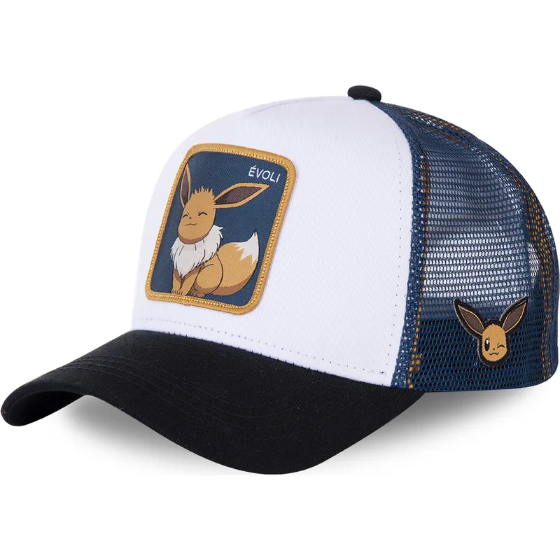 weisse-blaue-und-schwarze-trucker-kappe-eevee-evo3-pokemon-von-capslab weisse-blaue-und-schwarze-trucker-kappe-eevee-evo3-pokemon-von-capslab
