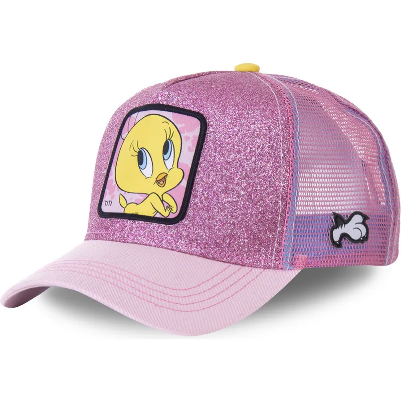 mutzen-gebogen-rosa-snapback-tweety-looney-tunes-von-capslab