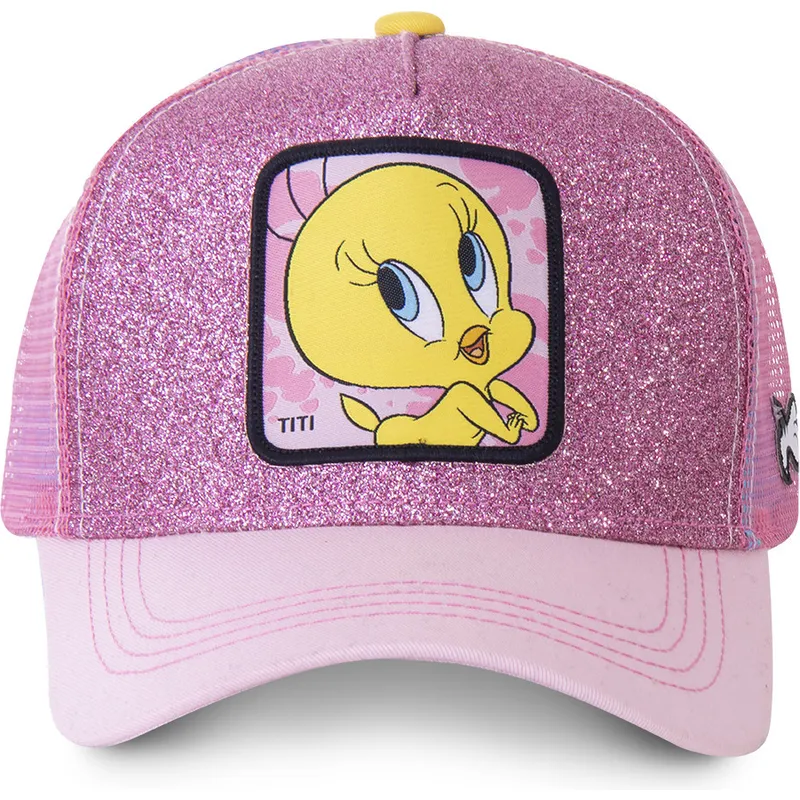 mutzen-gebogen-rosa-snapback-tweety-looney-tunes-von-capslab