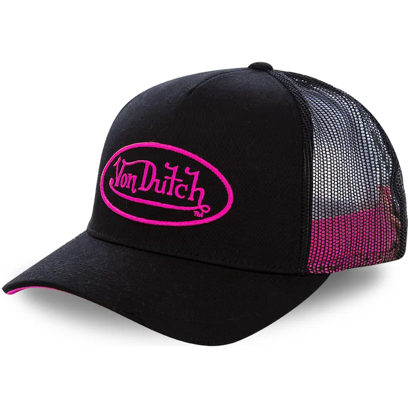 schwarze-trucker-kappe-mit-rosa-neo-pin-logo-von-von-dutch schwarze-trucker-kappe-mit-rosa-neo-pin-logo-von-von-dutch