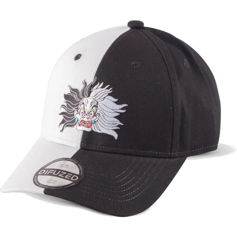 schwarze-und-weisse-verstellbare-curved-cap-cruella-de-vil-101-dalmatiner-disney-von-difuzed schwarze-und-weisse-verstellbare-curved-cap-cruella-de-vil-101-dalmatiner-disney-von-difuzed