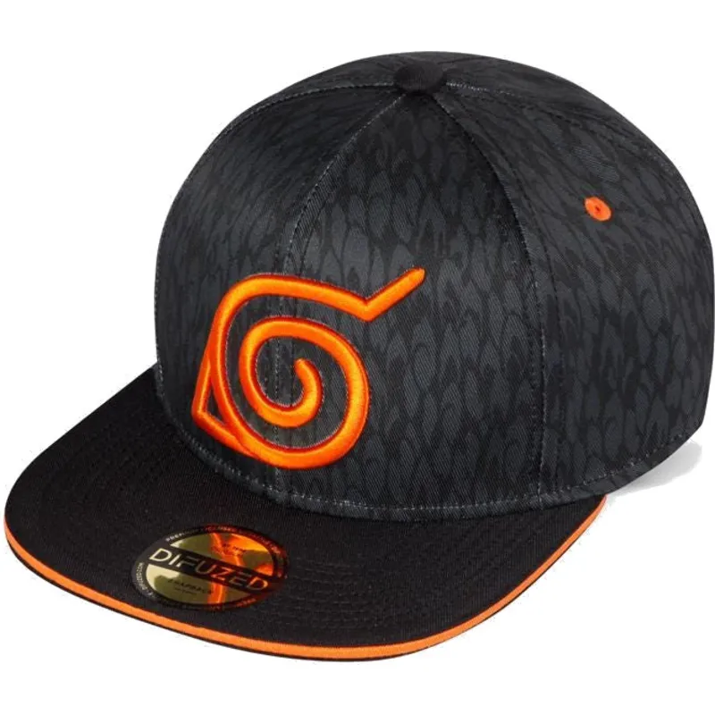 schwarze-flache-snapback-kappe-konoha-symbol-naruto-von-difuzed schwarze-flache-snapback-kappe-konoha-symbol-naruto-von-difuzed
