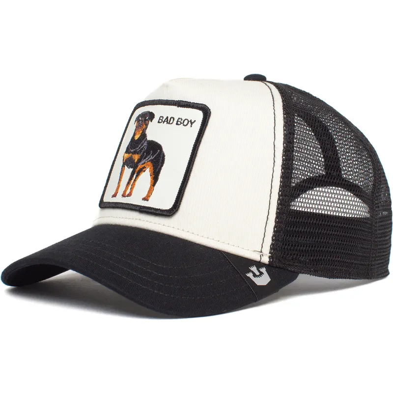 trucker-cap-weiss-und-schwarz-hund-rottweiler-bad-boy-the-baddest-boy-the-farm-von-goorin-bros trucker-cap-weiss-und-schwarz-hund-rottweiler-bad-boy-the-baddest-boy-the-farm-von-goorin-bros