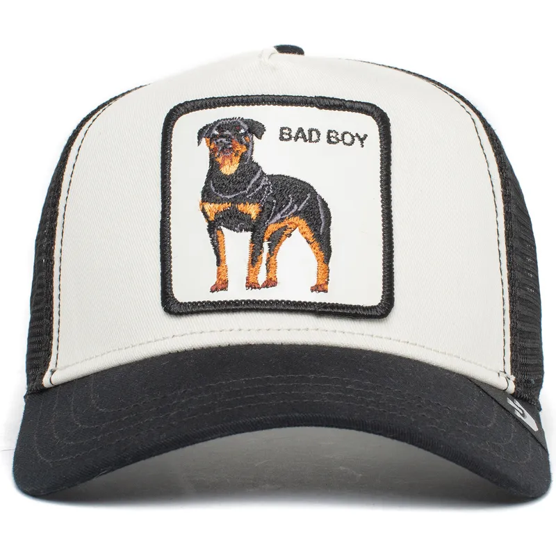 trucker-cap-weiss-und-schwarz-hund-rottweiler-bad-boy-the-baddest-boy-the-farm-von-goorin-bros trucker-cap-weiss-und-schwarz-hund-rottweiler-bad-boy-the-baddest-boy-the-farm-von-goorin-bros
