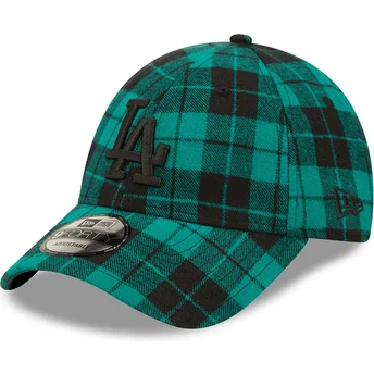 New Era Curved Brim Black Logo 9FORTY Plaid Los Angeles Dodgers MLB Dark Green Adjustable Cap