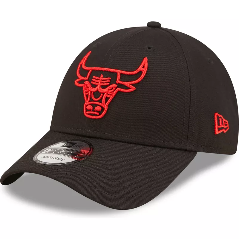 casquette-courbee-noire-ajustable-avec-logo-rouge-9forty-neon-outline-chicago-bulls-nba-new-era
