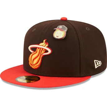 New Era Flat Brim 59FIFTY The Elements Fire Pin Miami Heat NBA Brown and Red Fitted Cap