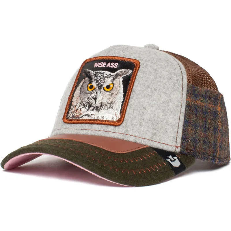 trucker-cap-grau-braun-und-grun-eule-cum-laude-ass-play-the-farm-von-goorin-bros