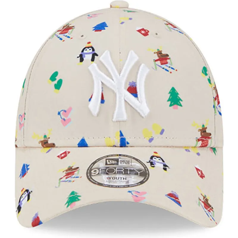 beige-gebogene-verstellbare-kappe-fur-kinder-9forty-festive-der-new-york-yankees-mlb-von-new-era