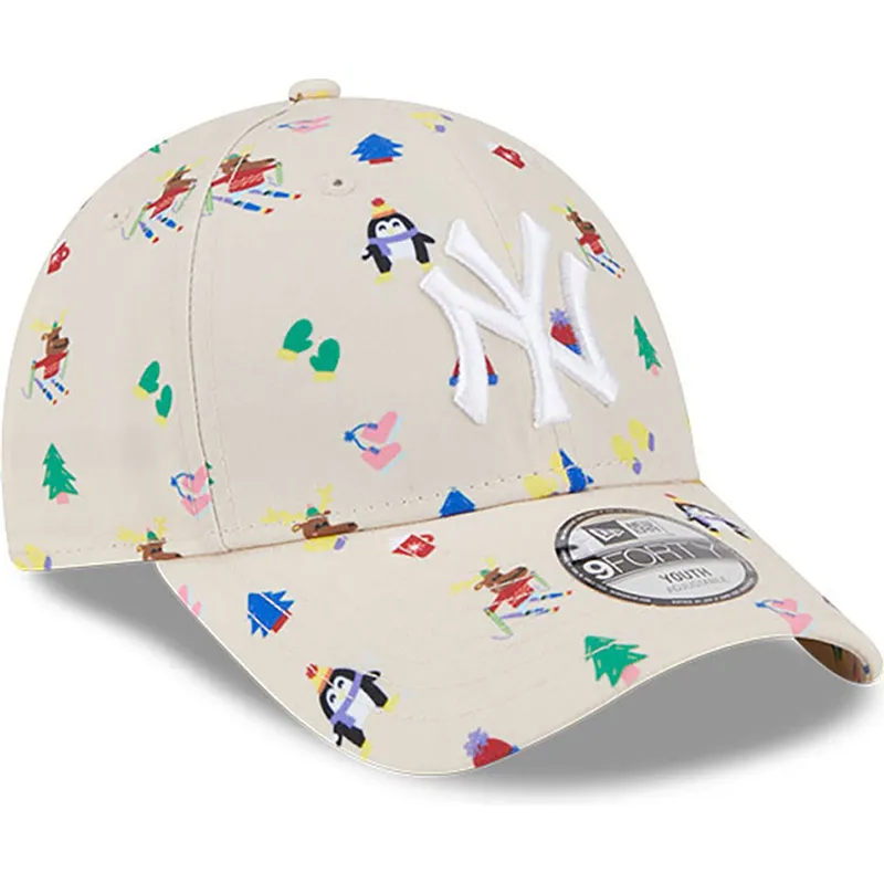 beige-gebogene-verstellbare-kappe-fur-kinder-9forty-festive-der-new-york-yankees-mlb-von-new-era