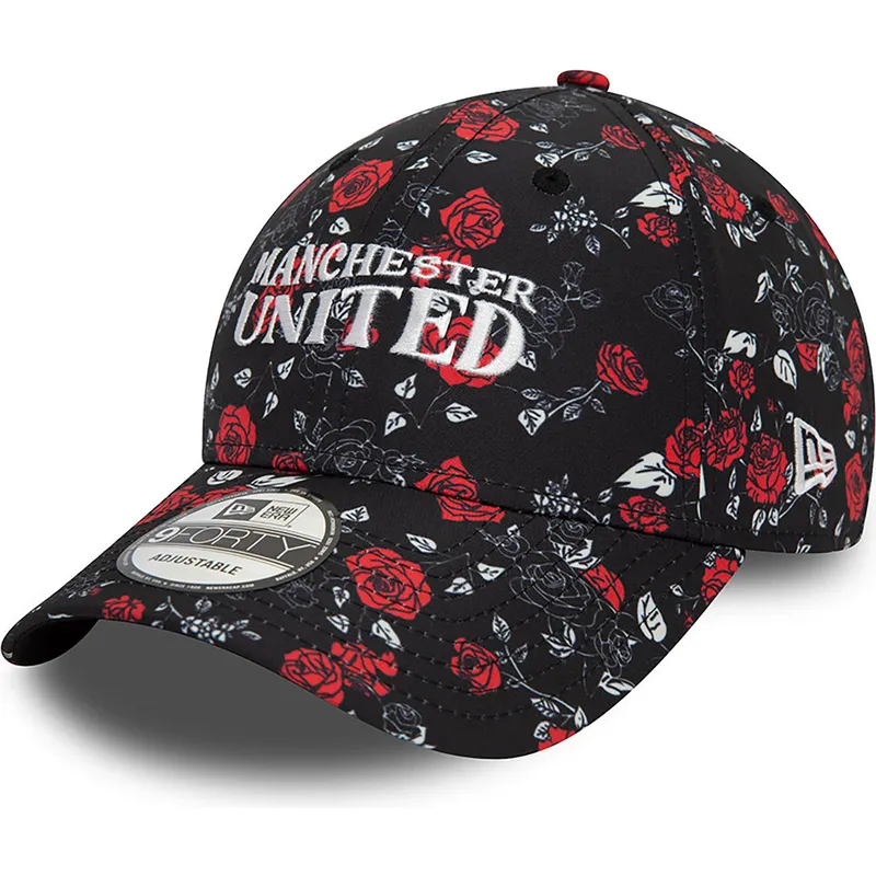 schwarze-und-rote-verstellbare-curved-cap-9forty-floral-all-over-print-von-manchester-united-football-club-premier-league-von-ne schwarze-und-rote-verstellbare-curved-cap-9forty-floral-all-over-print-von-manchester-united-football-club-premier-league-von-ne