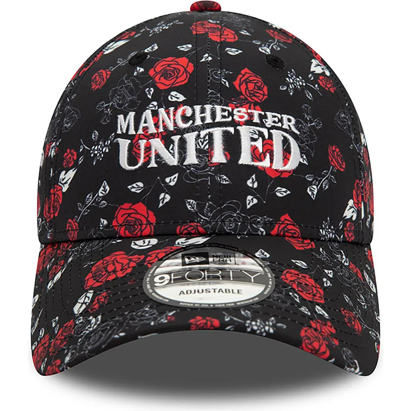 schwarze-und-rote-verstellbare-curved-cap-9forty-floral-all-over-print-von-manchester-united-football-club-premier-league-von-ne schwarze-und-rote-verstellbare-curved-cap-9forty-floral-all-over-print-von-manchester-united-football-club-premier-league-von-ne