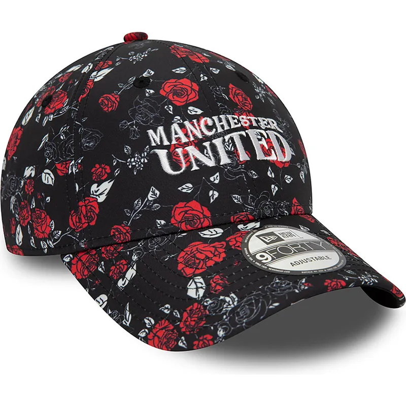 schwarze-und-rote-verstellbare-curved-cap-9forty-floral-all-over-print-von-manchester-united-football-club-premier-league-von-ne schwarze-und-rote-verstellbare-curved-cap-9forty-floral-all-over-print-von-manchester-united-football-club-premier-league-von-ne