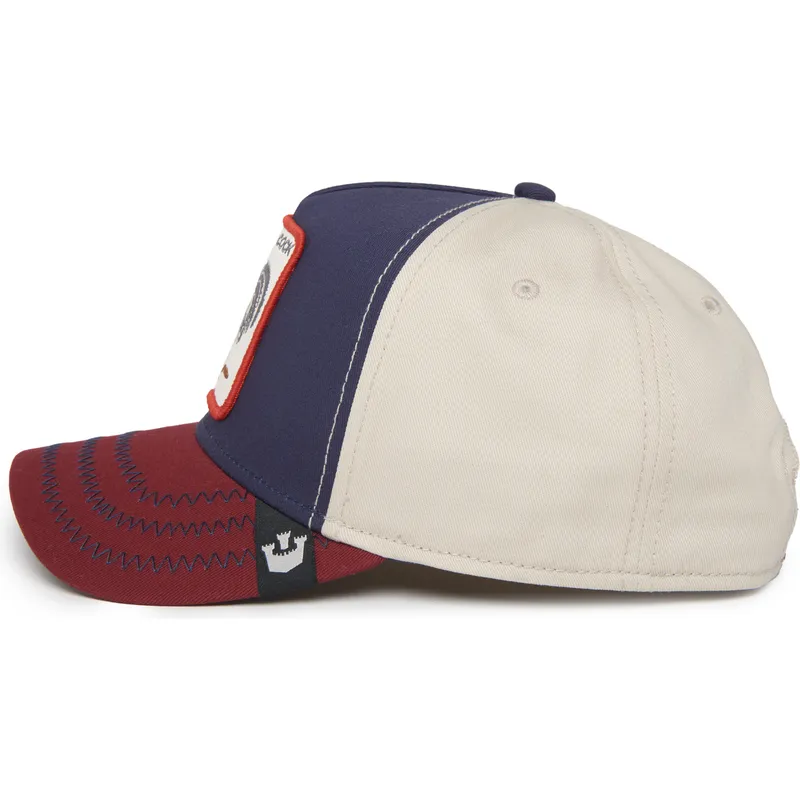 dunkelblaue-beige-und-rote-curved-cap-snapback-hahn-cock-all-american-rooster-100-the-farm-all-over-canvas-von-goorin-bros