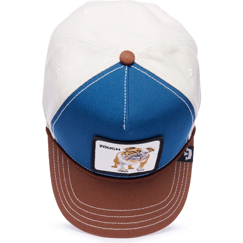 blaue-weisse-und-braune-curved-cap-snapback-bulldogge-tough-bully-100-the-farm-all-over-canvas-von-goorin-bros