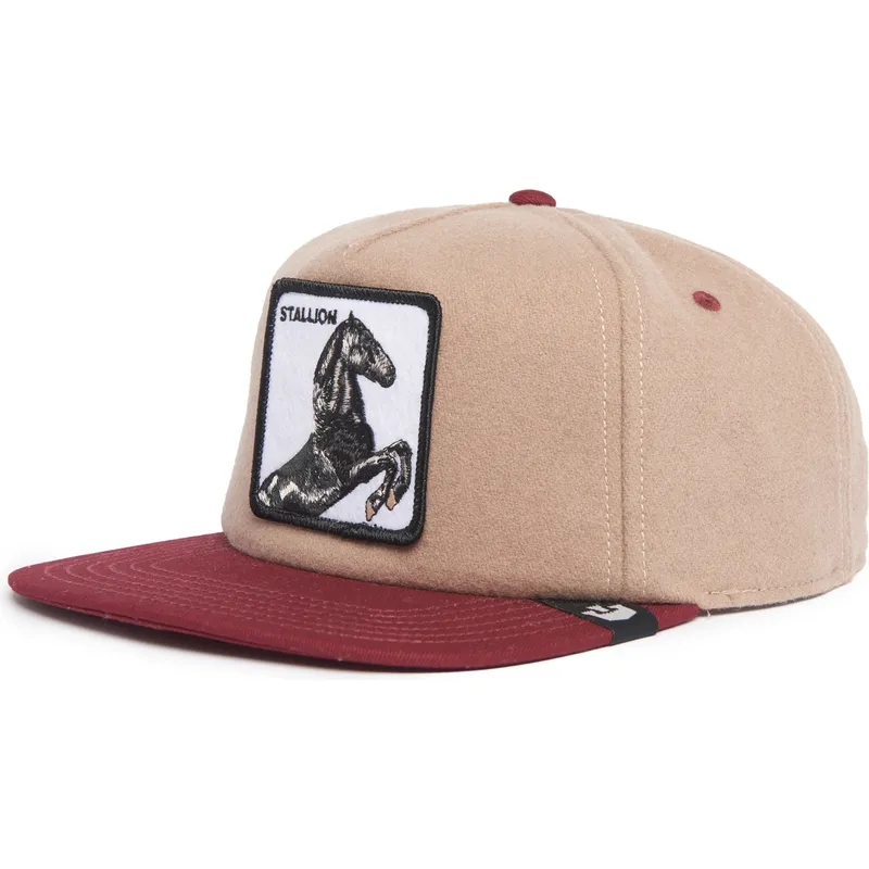 braune-und-rote-flache-snapback-kappe-pferd-stallion-free-rider-the-farm-flats-von-goorin-bros