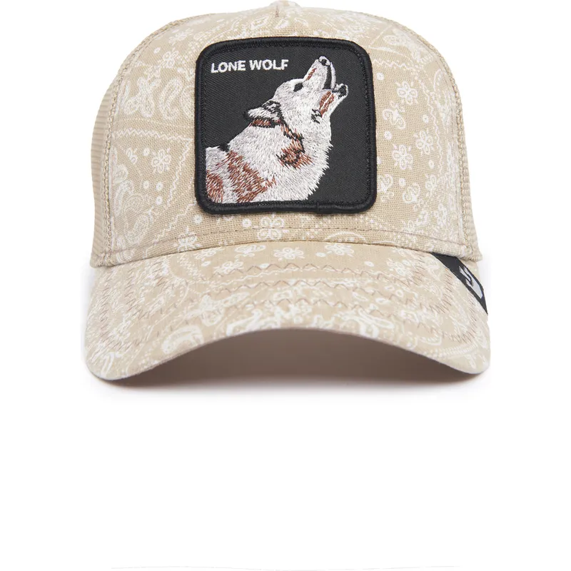 trucker-cap-beige-wolf-lone-wolf-sign-o-the-times-the-farm-paisley-von-goorin-bros