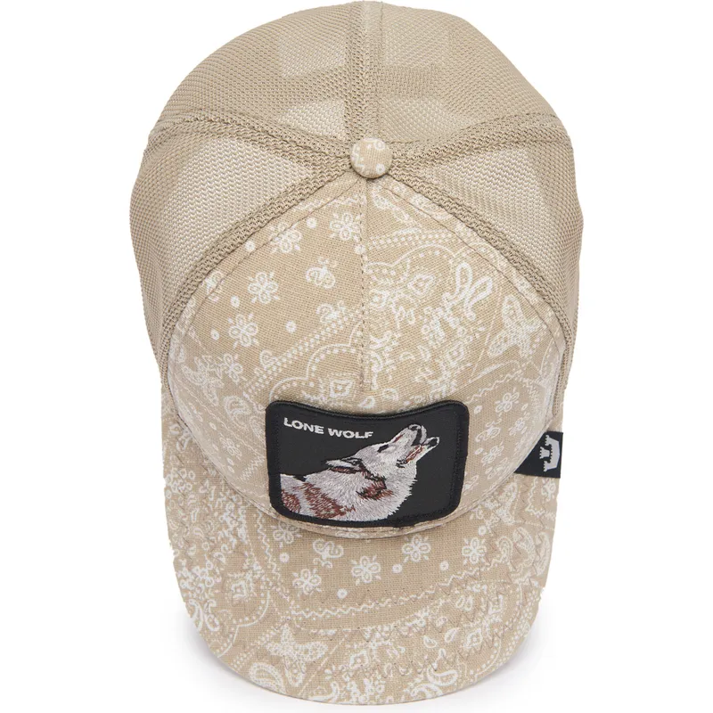 trucker-cap-beige-wolf-lone-wolf-sign-o-the-times-the-farm-paisley-von-goorin-bros