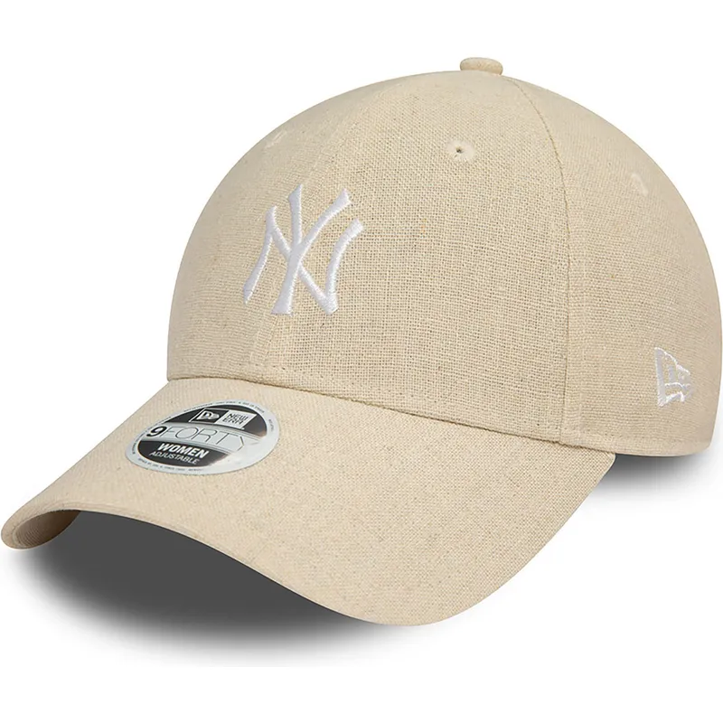 beige-gebogene-verstellbare-damenkappe-9forty-linen-der-new-york-yankees-mlb-von-new-era
