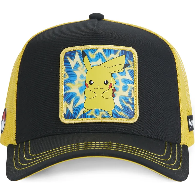 schwarze-und-gelbe-trucker-kappe-pikachu-pmk5-thu-pokemon-von-capslab schwarze-und-gelbe-trucker-kappe-pikachu-pmk5-thu-pokemon-von-capslab
