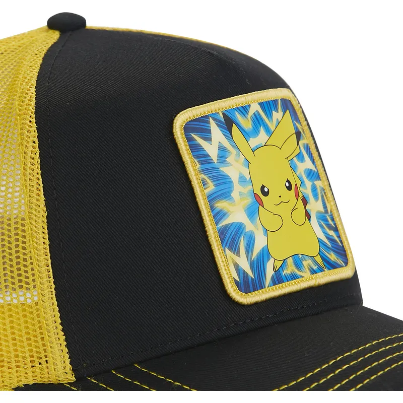 schwarze-und-gelbe-trucker-kappe-pikachu-pmk5-thu-pokemon-von-capslab schwarze-und-gelbe-trucker-kappe-pikachu-pmk5-thu-pokemon-von-capslab