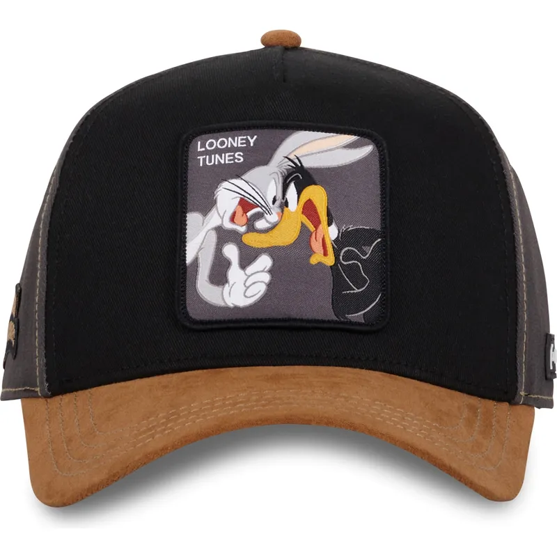 schwarze-und-braune-gebogene-snapback-kappe-bugs-bunny-und-daffy-duck-loo10-bad-looney-tunes-von-capslab schwarze-und-braune-gebogene-snapback-kappe-bugs-bunny-und-daffy-duck-loo10-bad-looney-tunes-von-capslab
