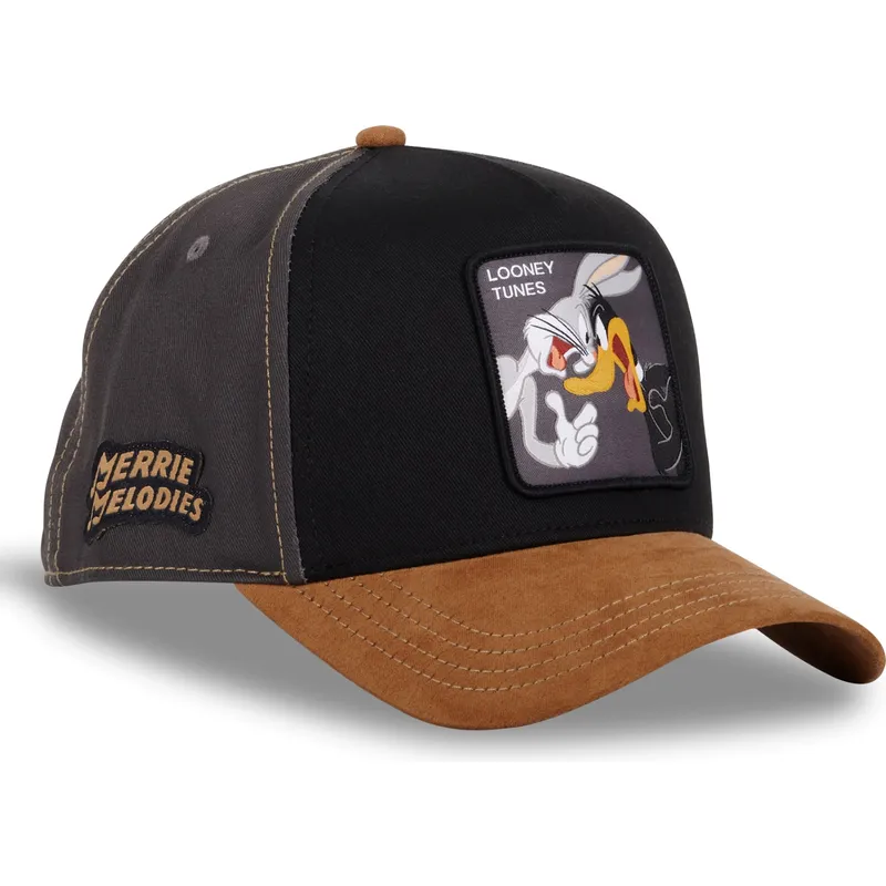 schwarze-und-braune-gebogene-snapback-kappe-bugs-bunny-und-daffy-duck-loo10-bad-looney-tunes-von-capslab schwarze-und-braune-gebogene-snapback-kappe-bugs-bunny-und-daffy-duck-loo10-bad-looney-tunes-von-capslab