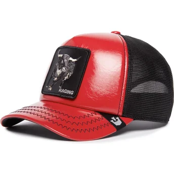 trucker-cap-rot-und-schwarz-stier-raging-pamplona-puff-patent-the-farm-von-goorin-bros