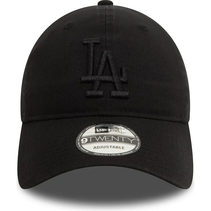 schwarze-verstellbare-curved-cap-mit-schwarzem-logo-9twenty-washed-der-los-angeles-dodgers-mlb-von-new-era