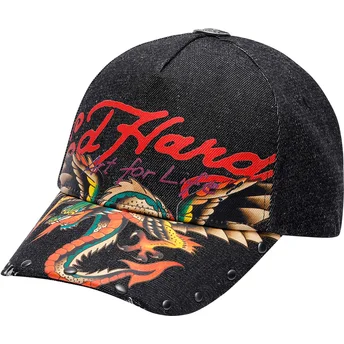 Mützen gebogen schwarz verstellbares band Art For Life Acid Wash von Ed Hardy
