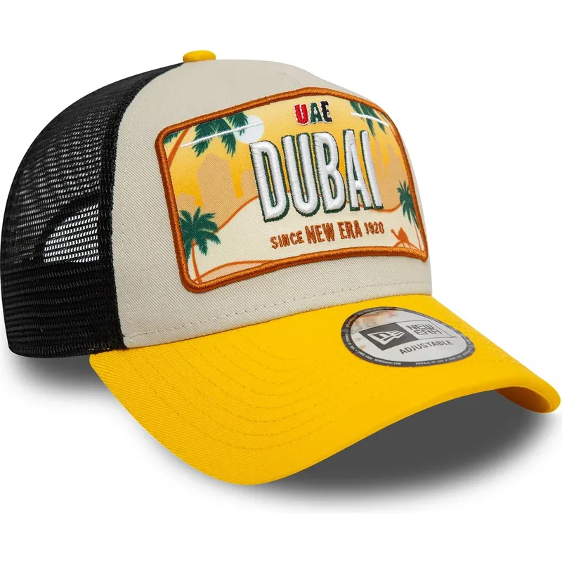 beige-und-gelbe-trucker-kappe-9forty-a-frame-license-plate-dubai-stadte-und-strande-von-new-era