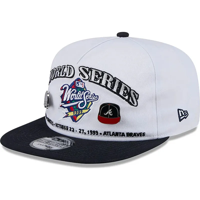 weisse-und-schwarze-flache-snapback-kappe-golfer-championship-pin-von-new-york-yankees-atlanta-braves-mlb-von-new-era weisse-und-schwarze-flache-snapback-kappe-golfer-championship-pin-von-new-york-yankees-atlanta-braves-mlb-von-new-era