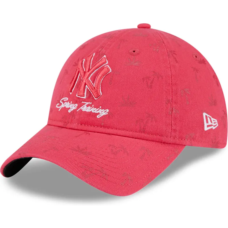 gebogene-rosa-verstellbare-damenkappe-9twenty-pattern-spring-training-fan-pack-2025-der-new-york-yankees-mlb-von-new-era
