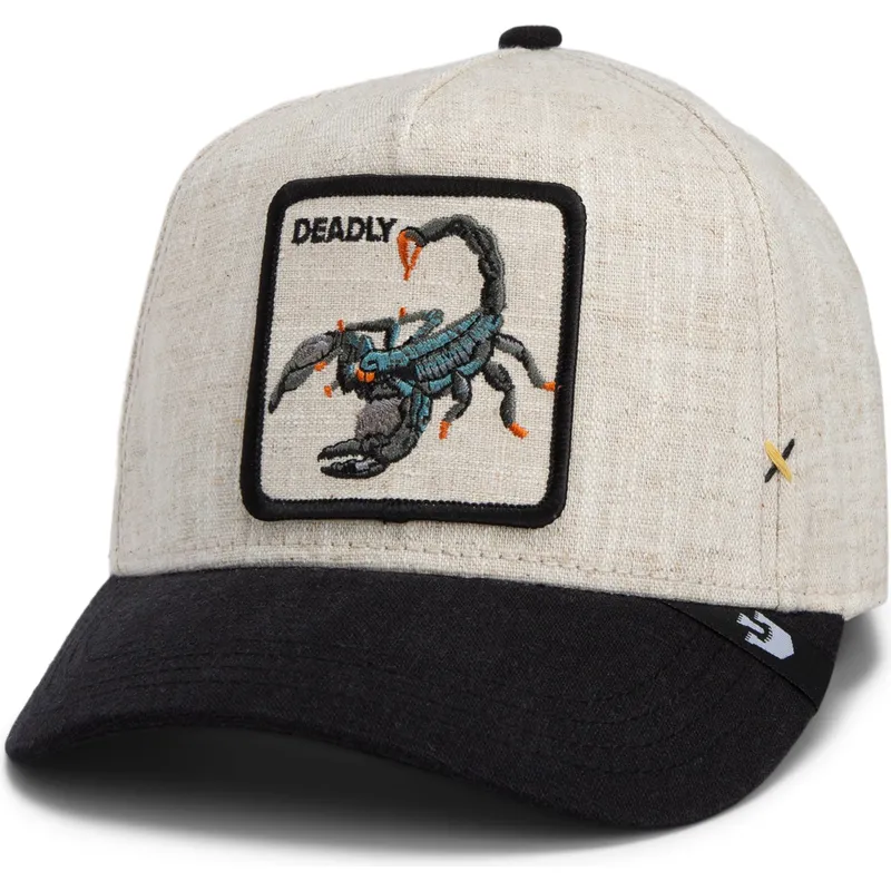 beige-und-schwarze-gebogene-snapback-kappe-skorpion-deadly-lethal-linen-rugged-comfort-the-farm-von-goorin-bros