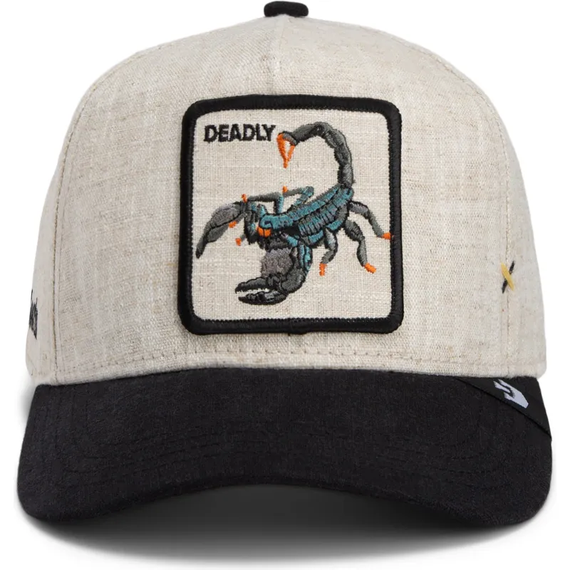 beige-und-schwarze-gebogene-snapback-kappe-skorpion-deadly-lethal-linen-rugged-comfort-the-farm-von-goorin-bros