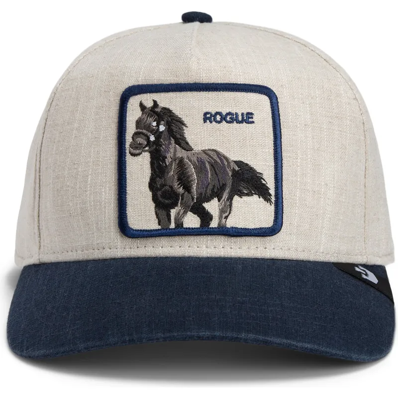 beige-und-marineblaue-gebogene-snapback-kappe-pferd-rogue-thread-rebel-rugged-comfort-the-farm-von-goorin-bros