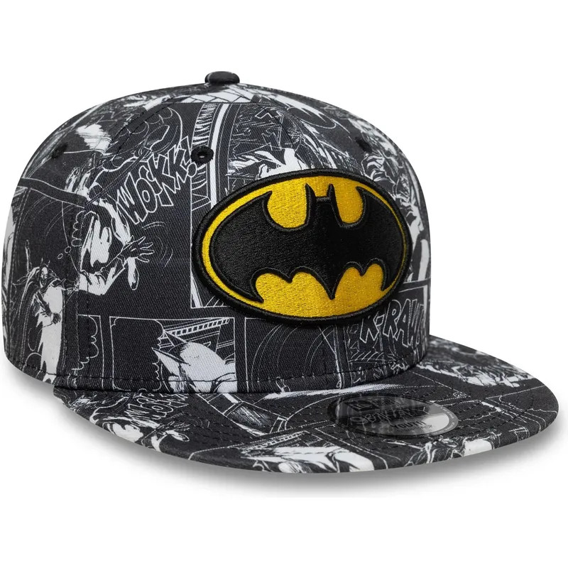 schwarze-flache-snapback-kappe-fur-kinder-9fifty-all-over-print-von-batman-dc-comics-von-new-era