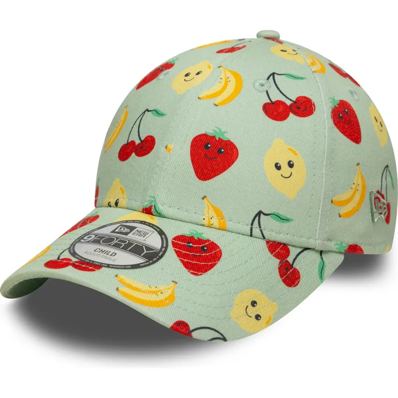 grune-gebogene-verstellbare-kappe-fur-kinder-9forty-all-over-print-fruit-von-new-era