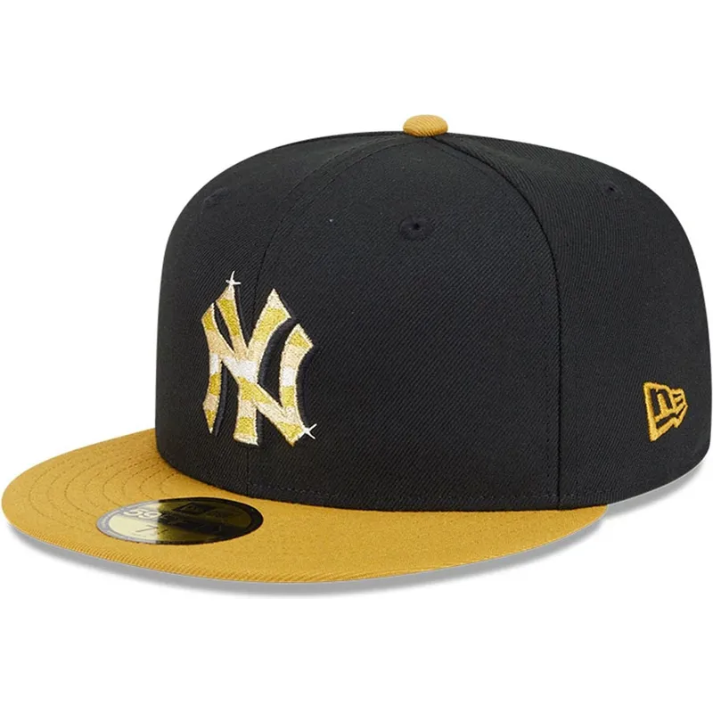 schwarze-und-gelbe-anliegende-flatcap-mit-goldenem-logo-59fifty-day-von-new-york-yankees-mlb-von-new-era schwarze-und-gelbe-anliegende-flatcap-mit-goldenem-logo-59fifty-day-von-new-york-yankees-mlb-von-new-era