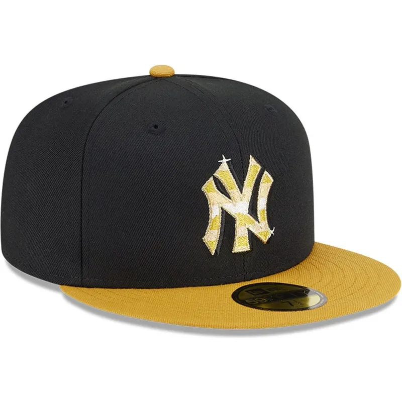 schwarze-und-gelbe-anliegende-flatcap-mit-goldenem-logo-59fifty-day-von-new-york-yankees-mlb-von-new-era schwarze-und-gelbe-anliegende-flatcap-mit-goldenem-logo-59fifty-day-von-new-york-yankees-mlb-von-new-era