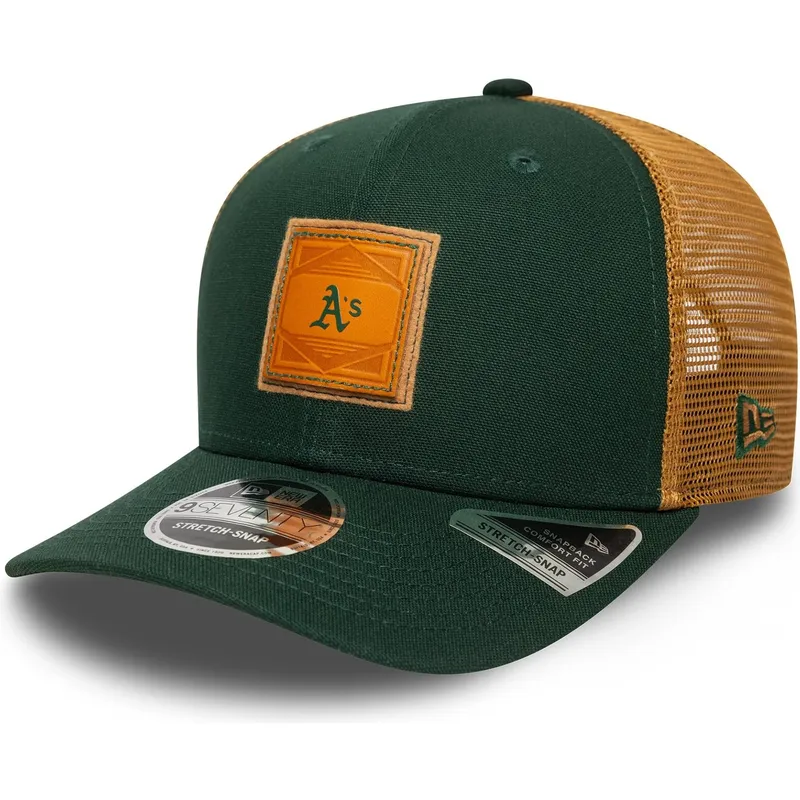 grune-und-braune-trucker-kappe-9seventy-stretch-snap-debossed-logo-der-oakland-athletics-mlb-von-new-era