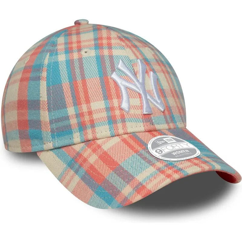 rosa-und-blau-verstellbare-curved-cap-fur-damen-9forty-check-der-new-york-yankees-mlb-von-new-era