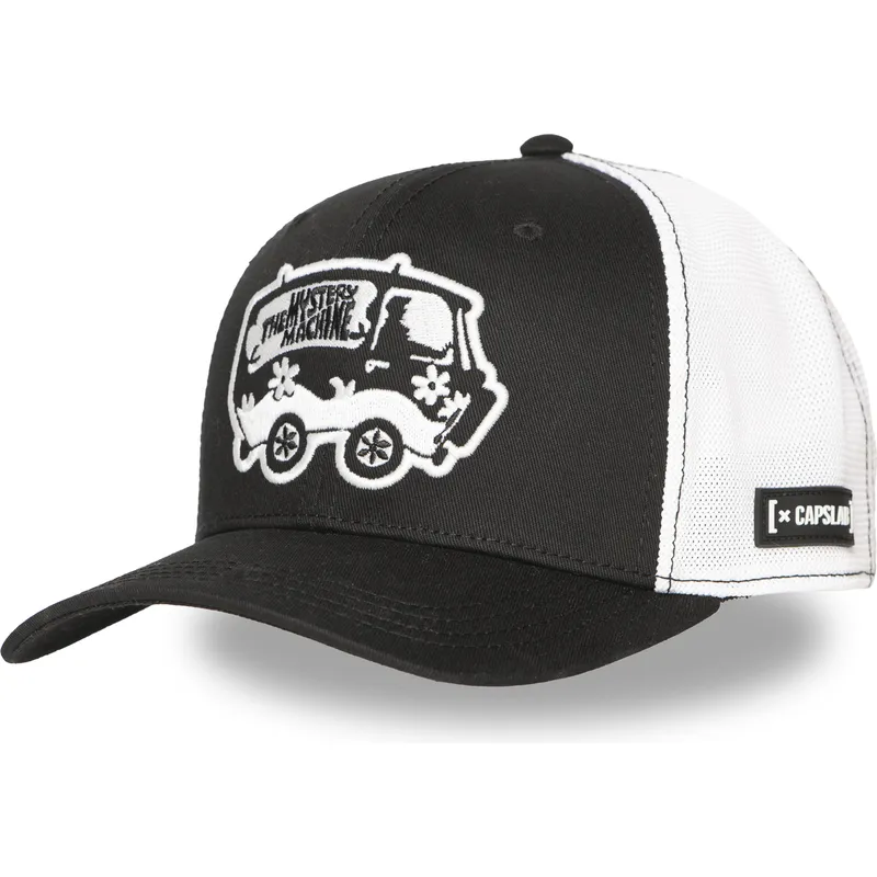 schwarze-und-weisse-trucker-kappe-the-mystery-machine-sd3-van-scooby-doo-von-capslab