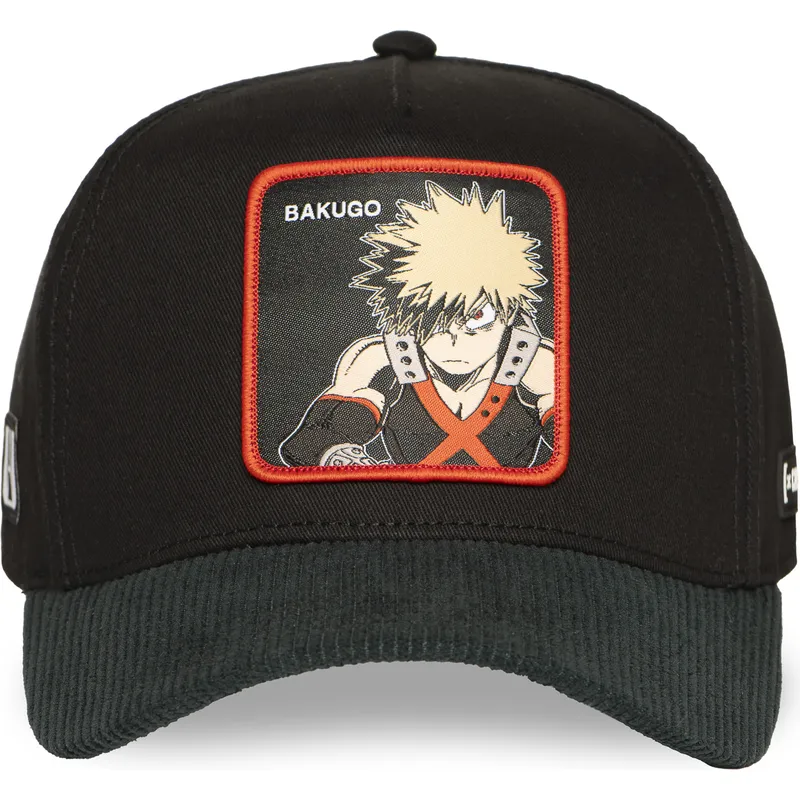 schwarze-und-grune-gebogene-snapback-kappe-katsuki-bakugo-mha2-bak-my-hero-academia-von-capslab