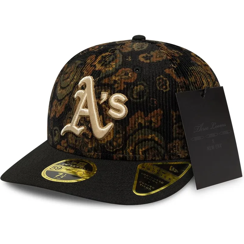 schwarze-gebogene-angepasste-kappe-59fifty-low-profile-floral-cord-three-looms-printed-corduroy-von-oakland-athletics-mlb-von-ne