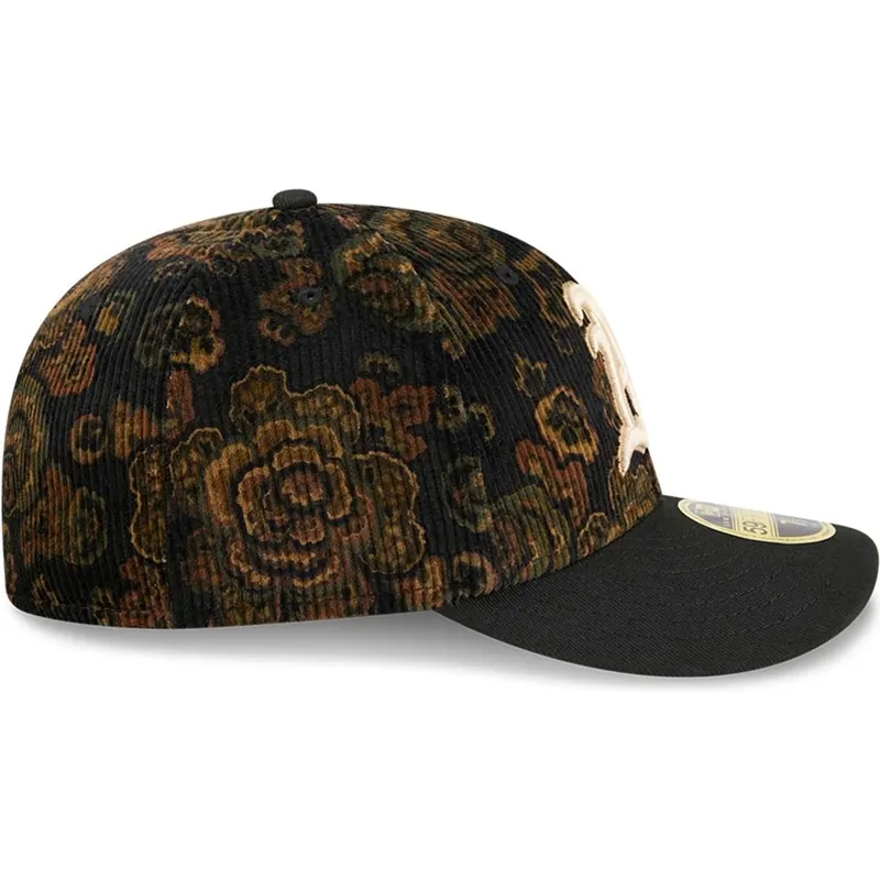 schwarze-gebogene-angepasste-kappe-59fifty-low-profile-floral-cord-three-looms-printed-corduroy-von-oakland-athletics-mlb-von-ne