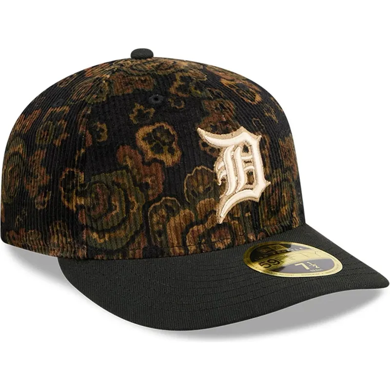 schwarze-gebogene-angepasste-kappe-59fifty-low-profile-floral-cord-three-looms-printed-corduroy-von-detroit-tigers-mlb-von-new-e