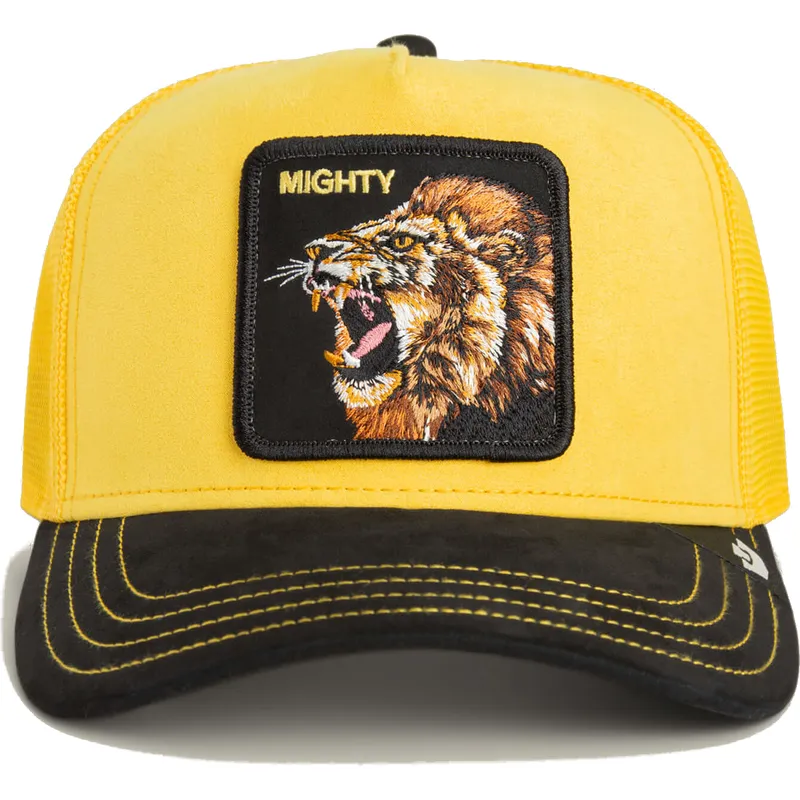 trucker-cap-gelb-und-schwarz-lowe-mighty-lion-suede-the-farm-von-goorin-bros