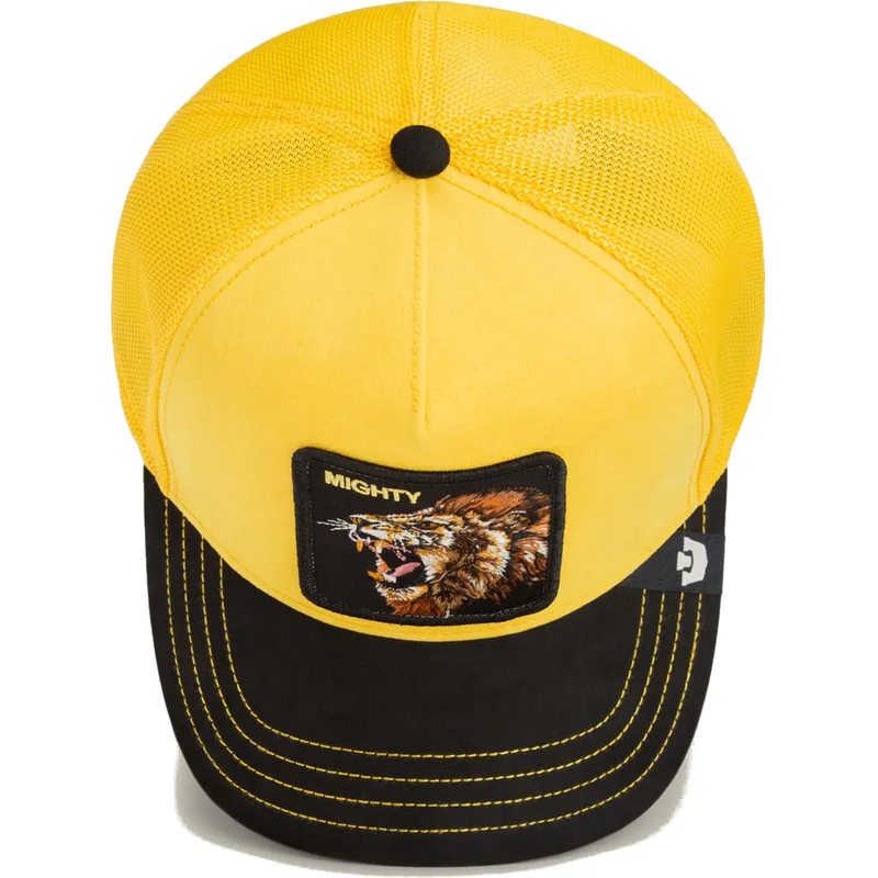 trucker-cap-gelb-und-schwarz-lowe-mighty-lion-suede-the-farm-von-goorin-bros