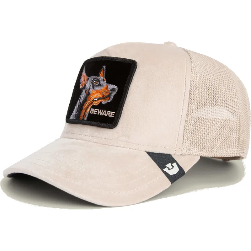 trucker-cap-beige-hund-dobermann-beware-doberman-velour-the-farm-von-goorin-bros